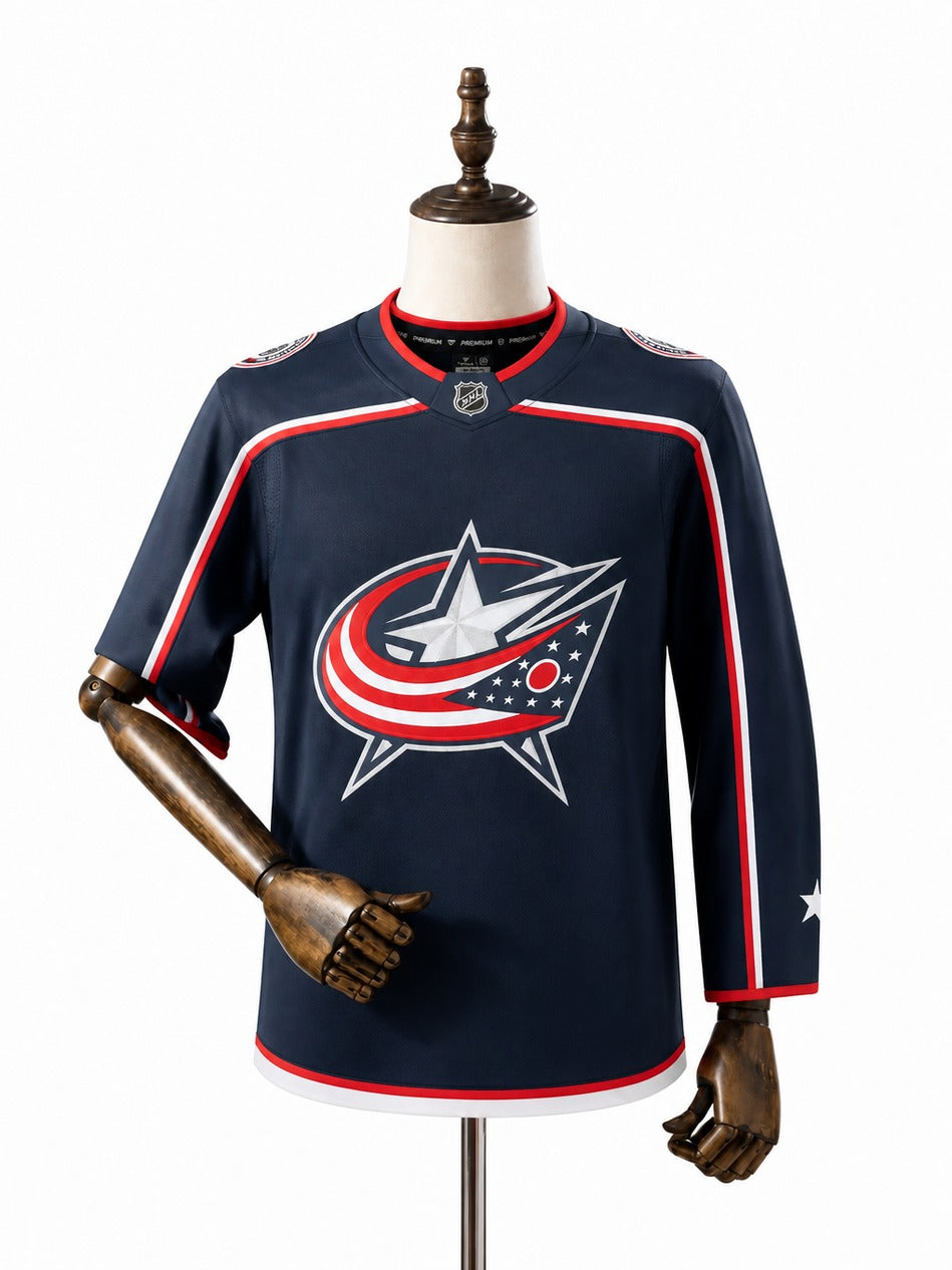 Columbus Blue Jackets NHL Jersey – Home & Away frente real web manequim fundo branco