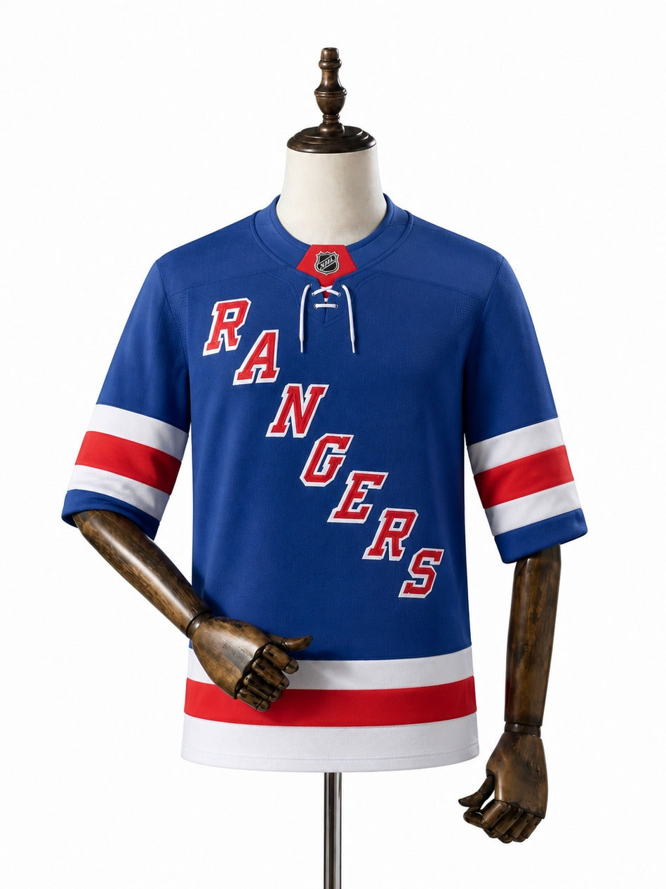 New York Rangers NHL Jersey – Home & Away frente real web manequim fundo branco