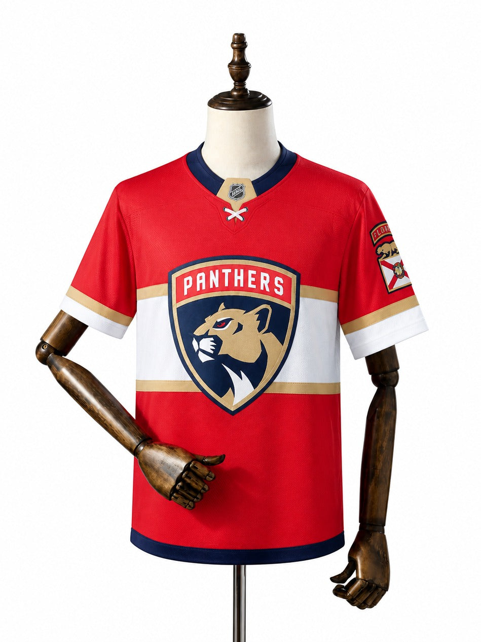 Florida Panthers NHL Jersey – Home & Away frente real web manequim fundo branco