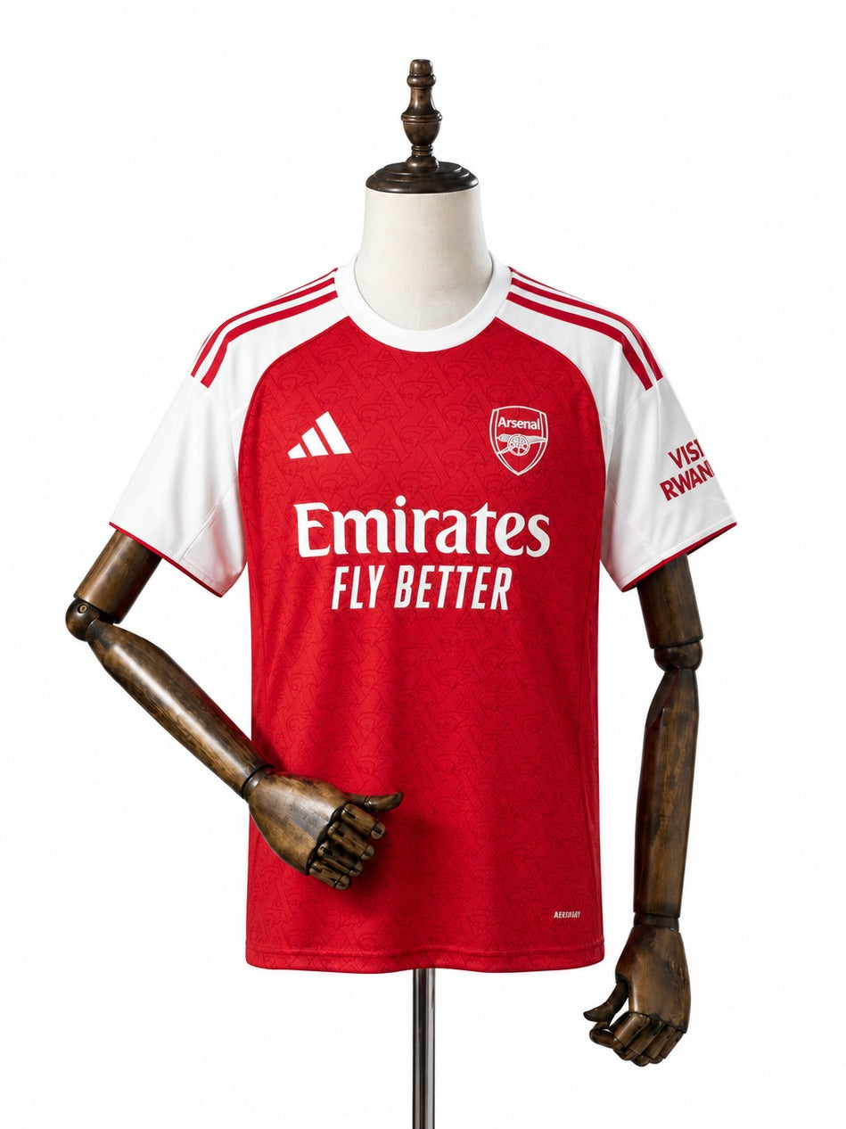 Camisa Arsenal - 1º Uniforme Torcedor 2025/26 frente manequim fundo branco