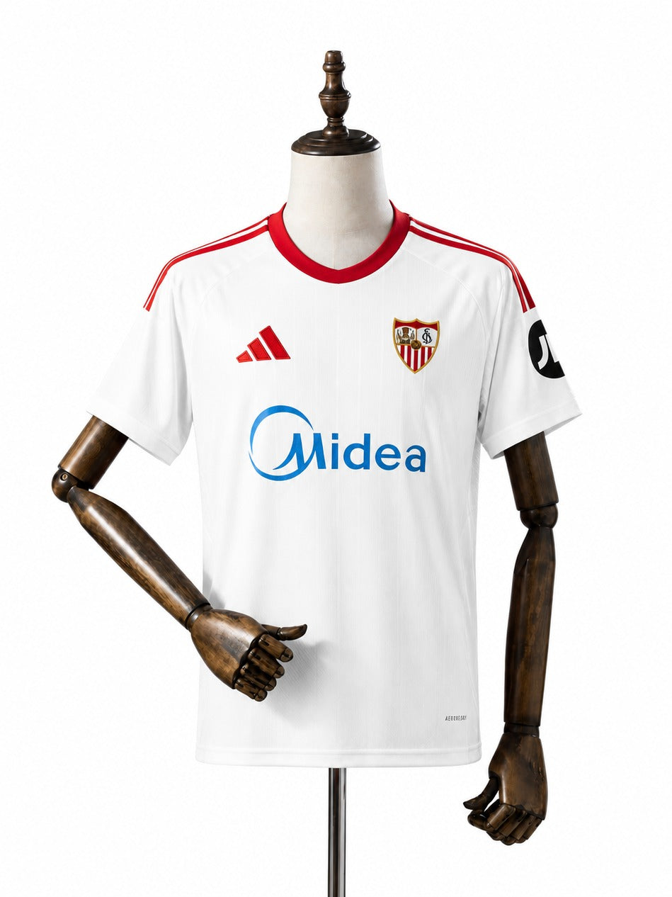 Camisa Sevilla - 1º Uniforme Torcedor 2025/26 frente manequim fundo branco