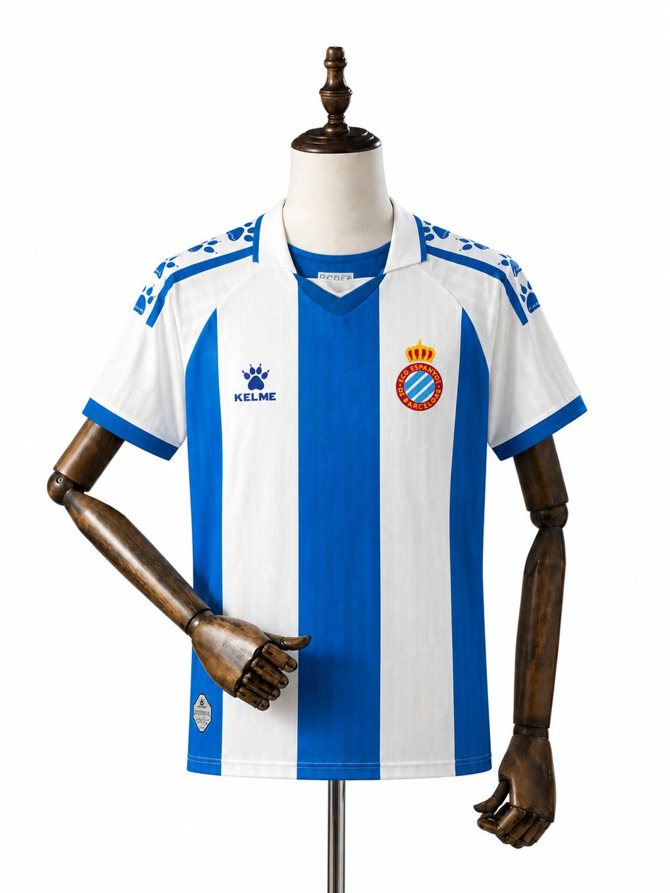 Camisa Espanyol - 1º Uniforme Torcedor 2025/26 frente manequim fundo branco