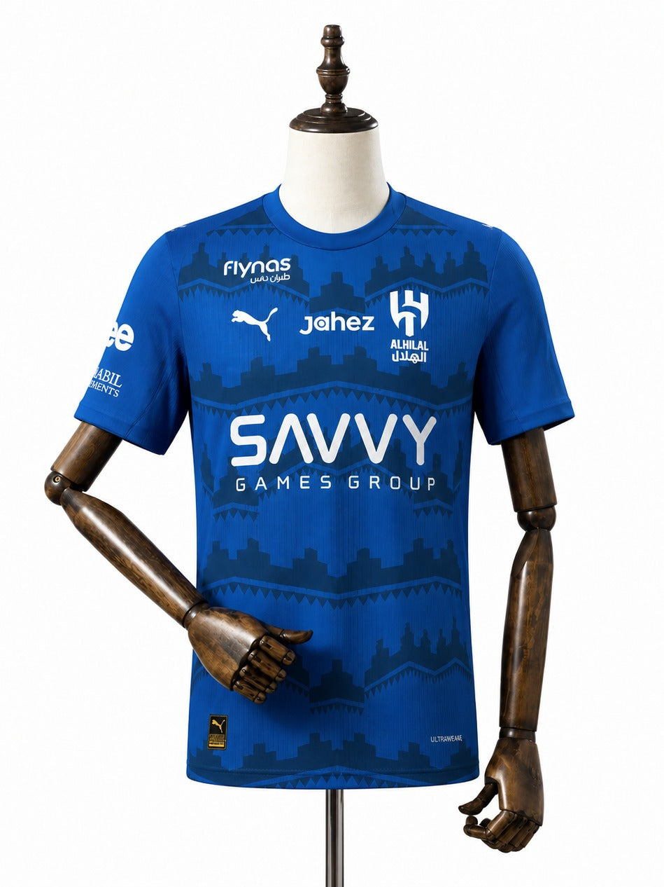 Camisa Al-Hilal - 1º Uniforme Torcedor 2025/2026 frente manequim fundo branco