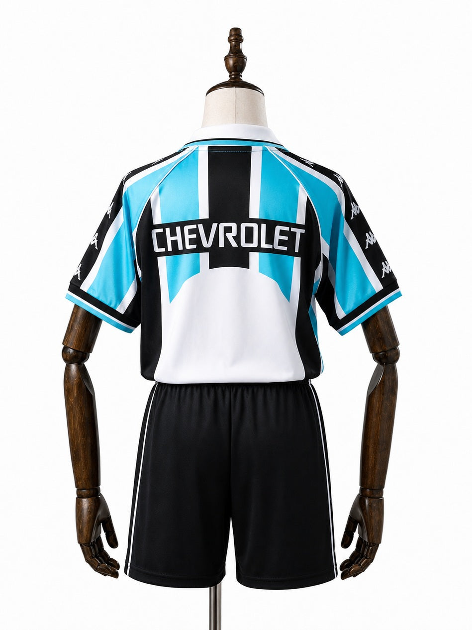 Grêmio 2000 Home Retro Kids Kit Jersey back wood mannequin white background