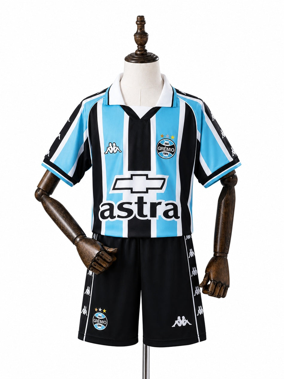 Grêmio 2000 Home Retro Kids Kit Jersey front wood mannequin white background