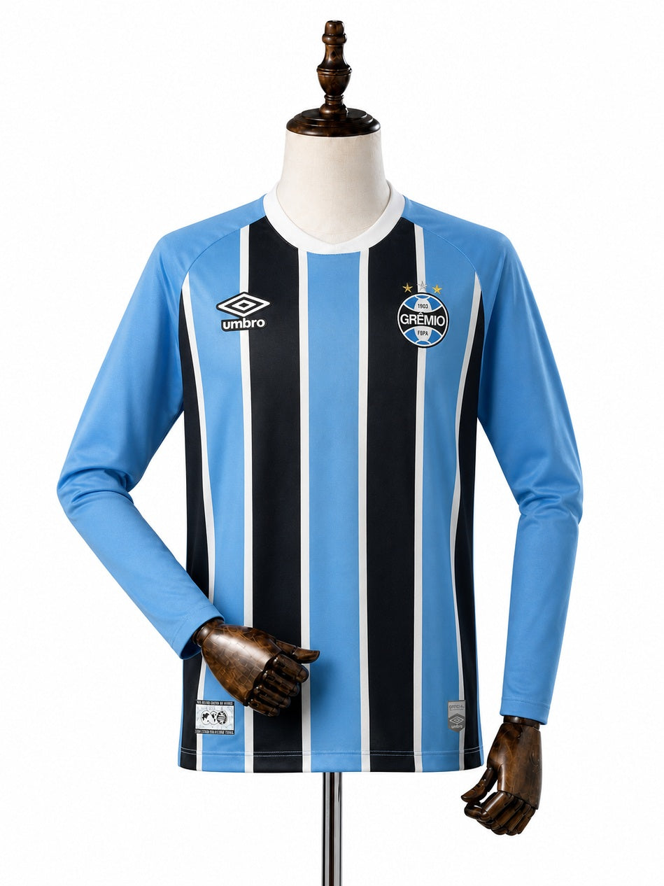 Grêmio Home Long Sleeve Jersey front wood mannequin white background