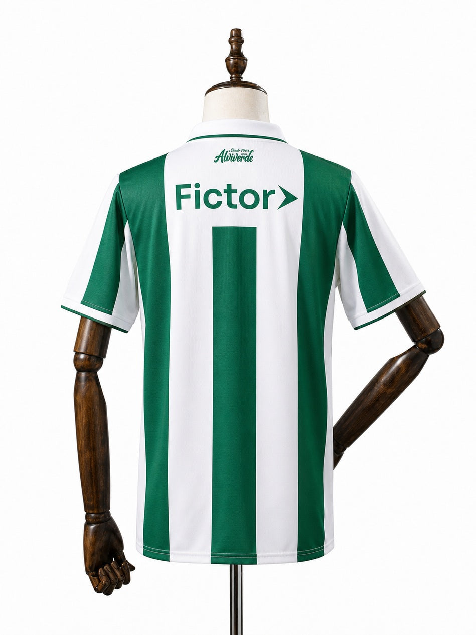 Palmeiras 25/26 Special Edition White and Green Striped Jersey back wood mannequin white background