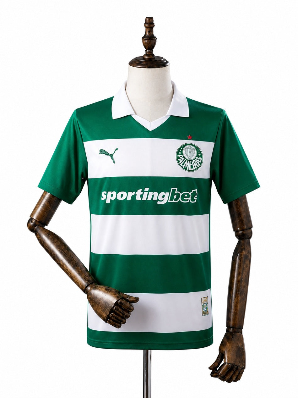 Palmeiras 25/26 Special Edition White and Green Striped Jersey front wood mannequin white background