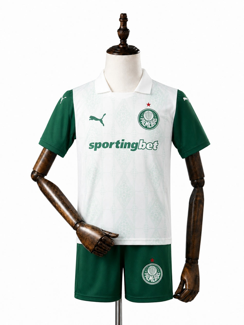 Palmeiras away kids kit front wood mannequin white background