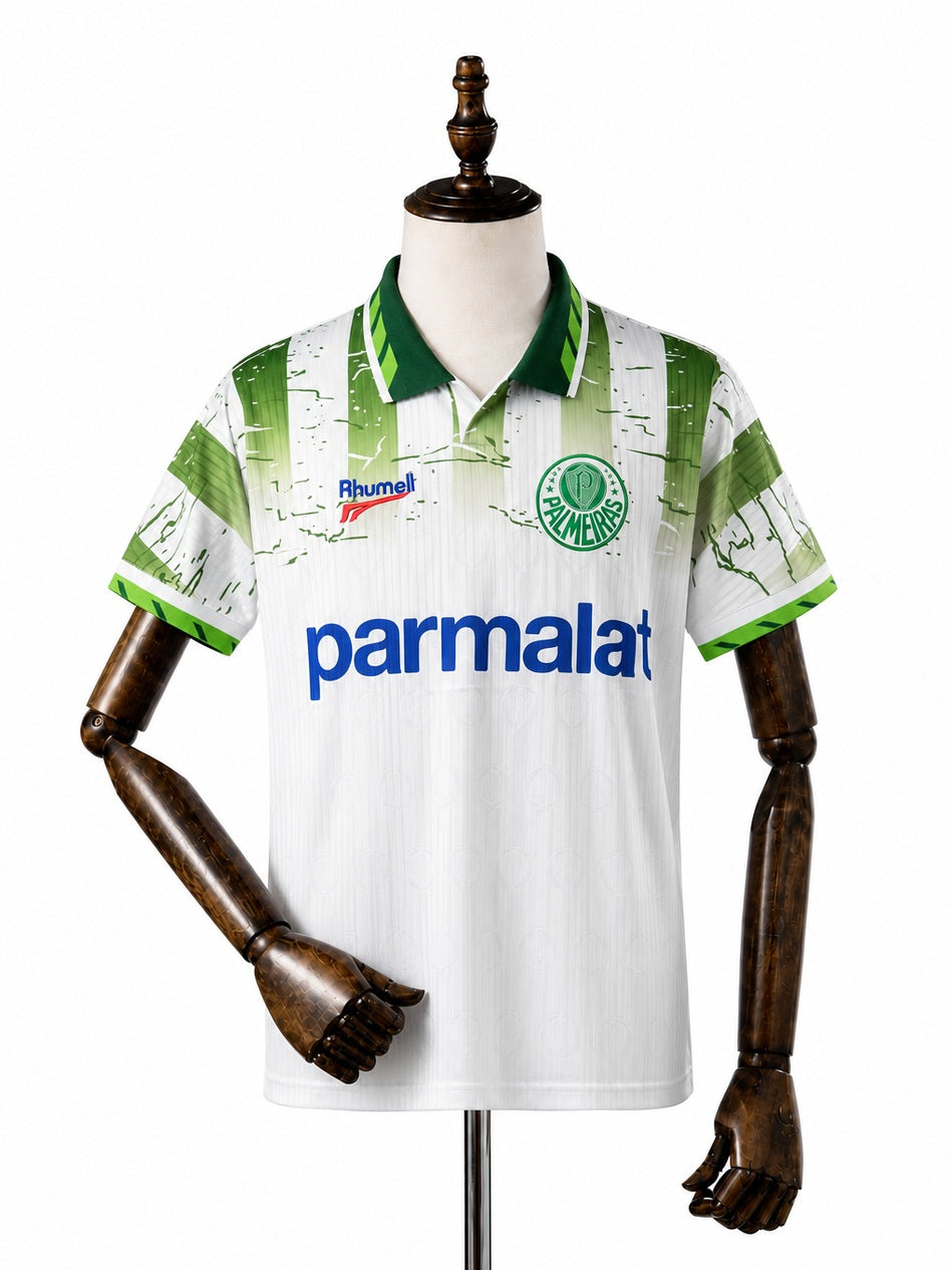 Palmeiras Away Retro white Jersey front wood mannequin white background
