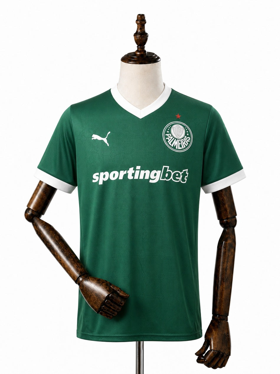 Palmeiras home All Sponsors green Jersey front wood mannequin white background