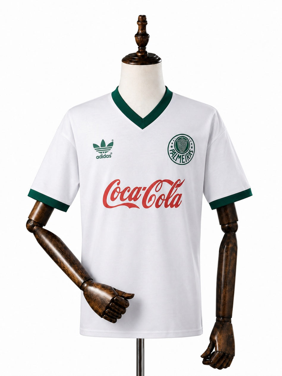 Palmeiras Retro Away white Jersey front wood mannequin white background