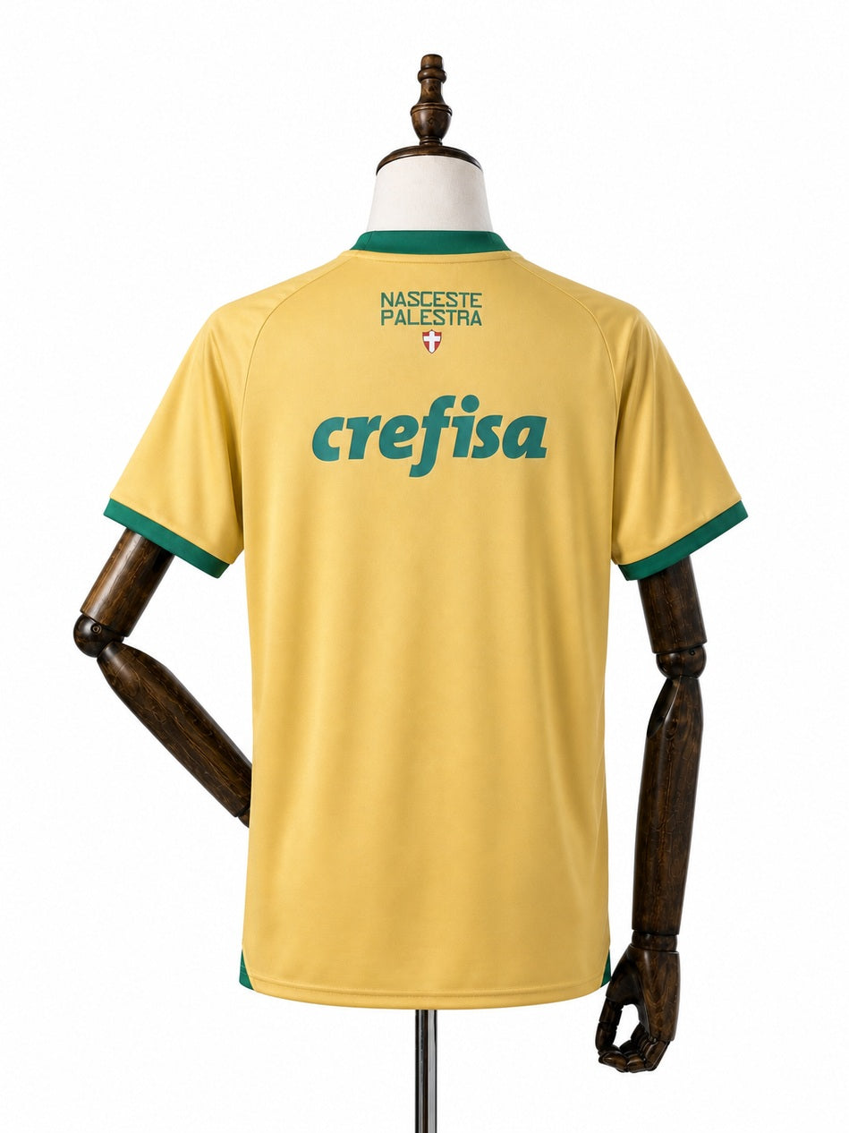 Palmeiras Thirds Away yellow Jersey back wood mannequin white background
