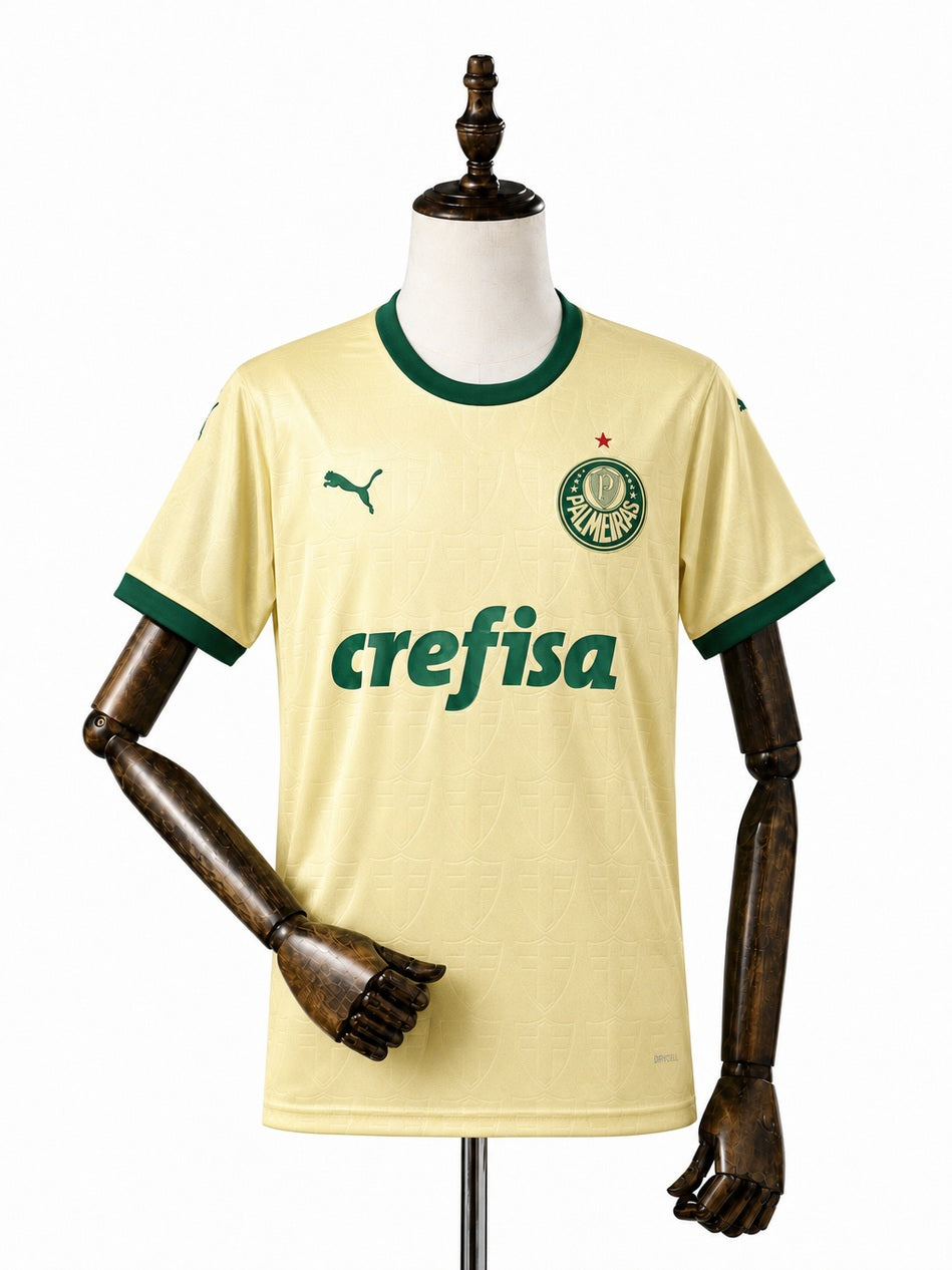 Palmeiras Thirds Womens yellow Jersey front wood mannequin white background