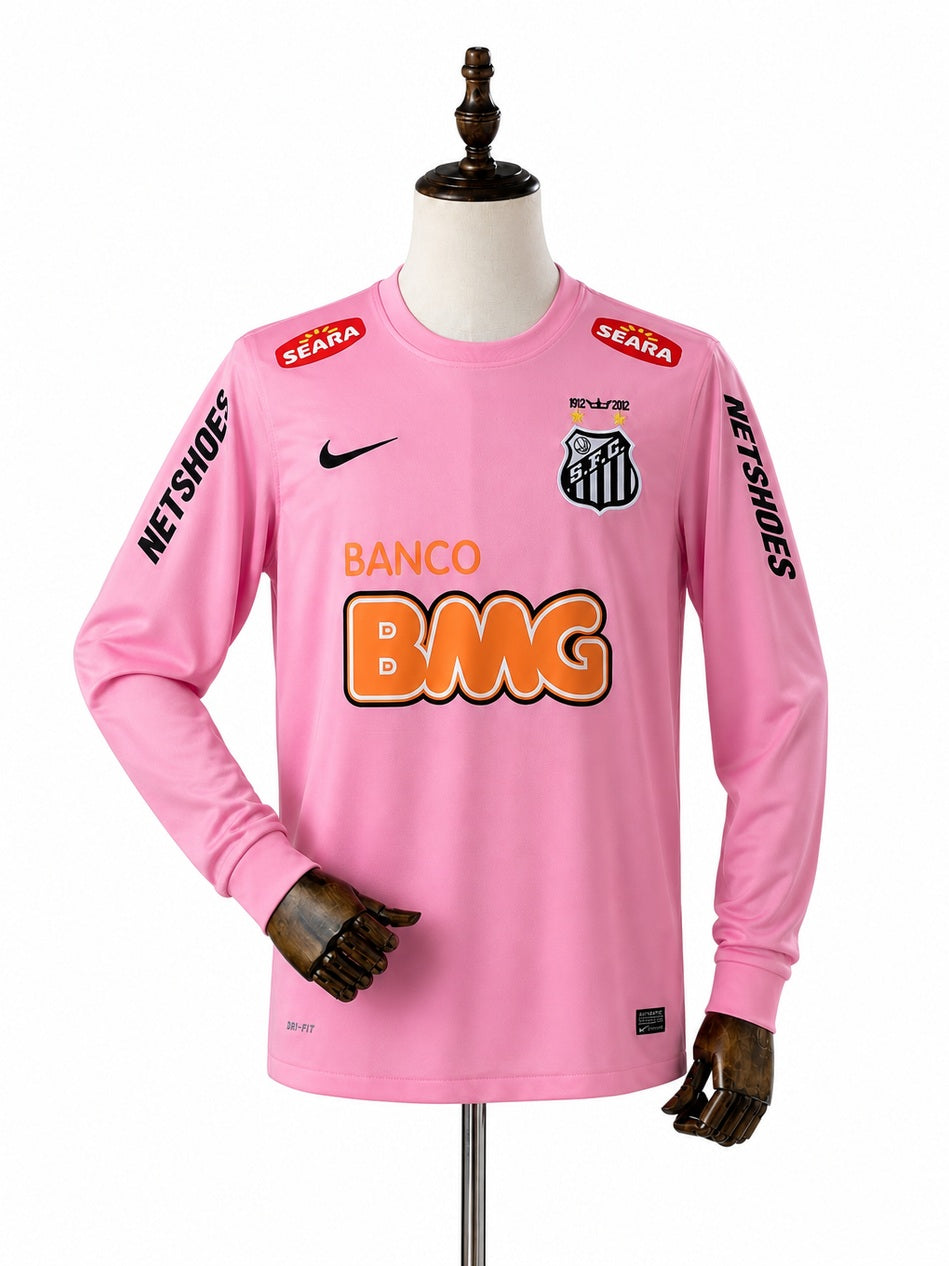 Santos 12/13 Retro Pink Long Sleeve Jersey front wood mannequin white background