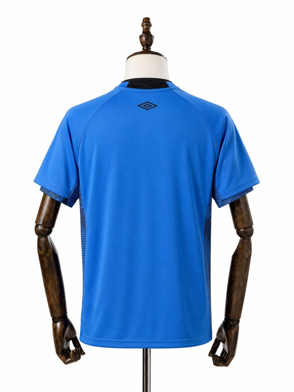 Santos blue goalkeeper Jersey back wood mannequin white background