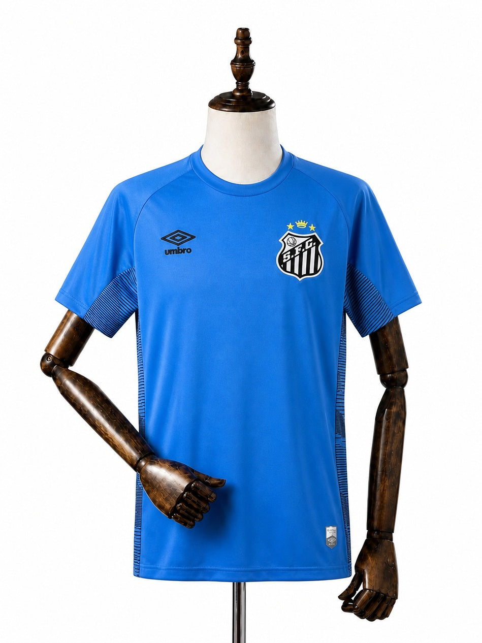 Santos blue goalkeeper Jersey front wood mannequin white background