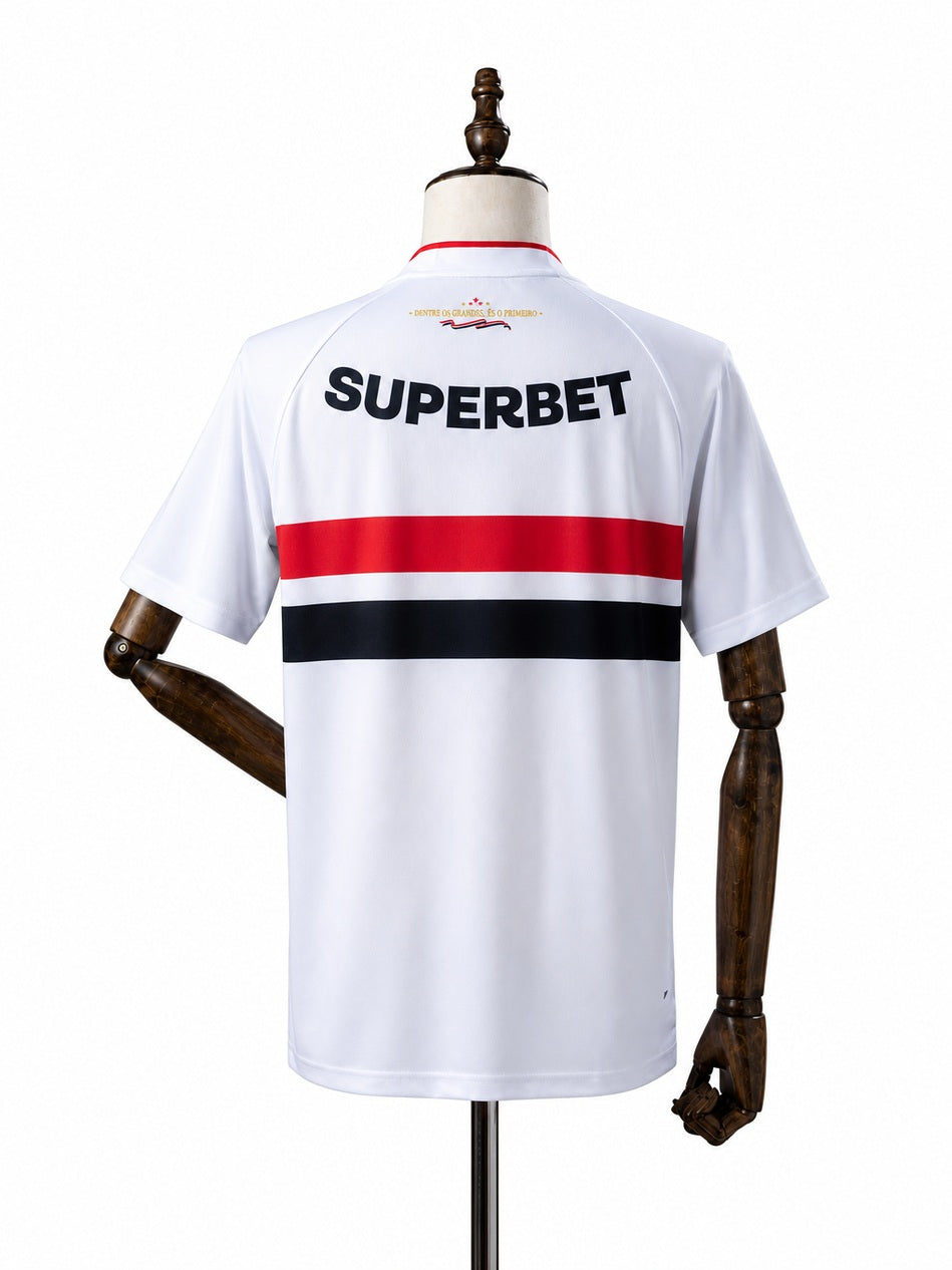 São Paulo 2026/27 Home Jersey back wood mannequin white background