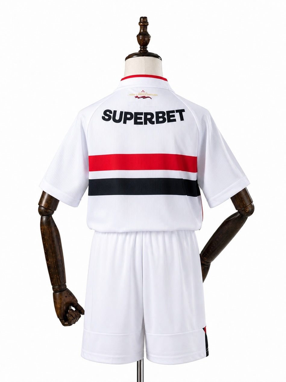 São Paulo 26/27 Home Kids Kit Jersey back wood mannequin white background
