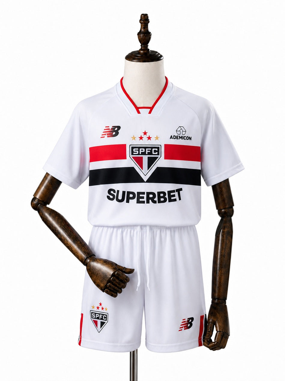 São Paulo 26/27 Home Kids Kit Jersey front wood mannequin white background