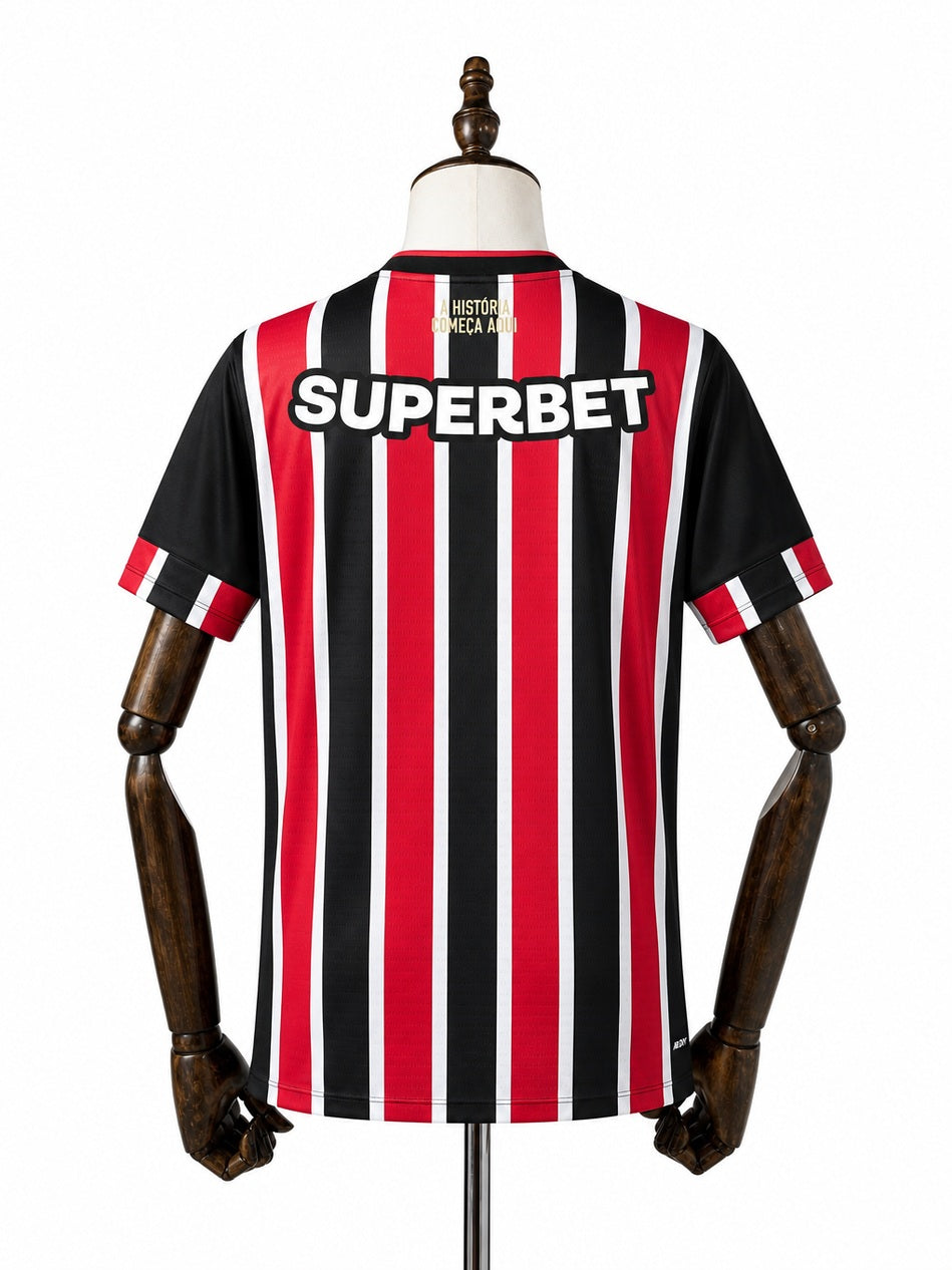 São Paulo Away All Sponsors Jersey back wood mannequin white background