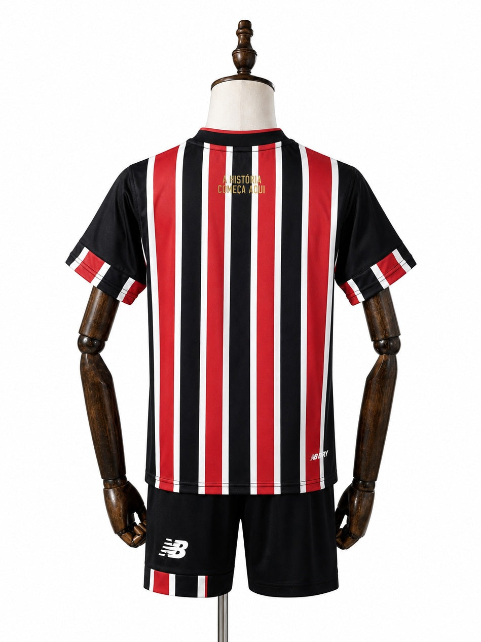 São Paulo away Kids kit back wood mannequin white background
