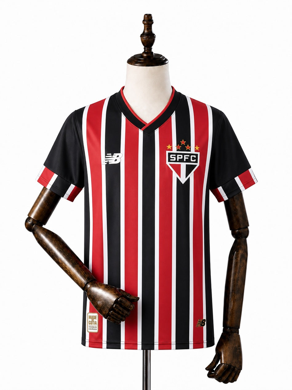 São Paulo away Kids kit front wood mannequin white background