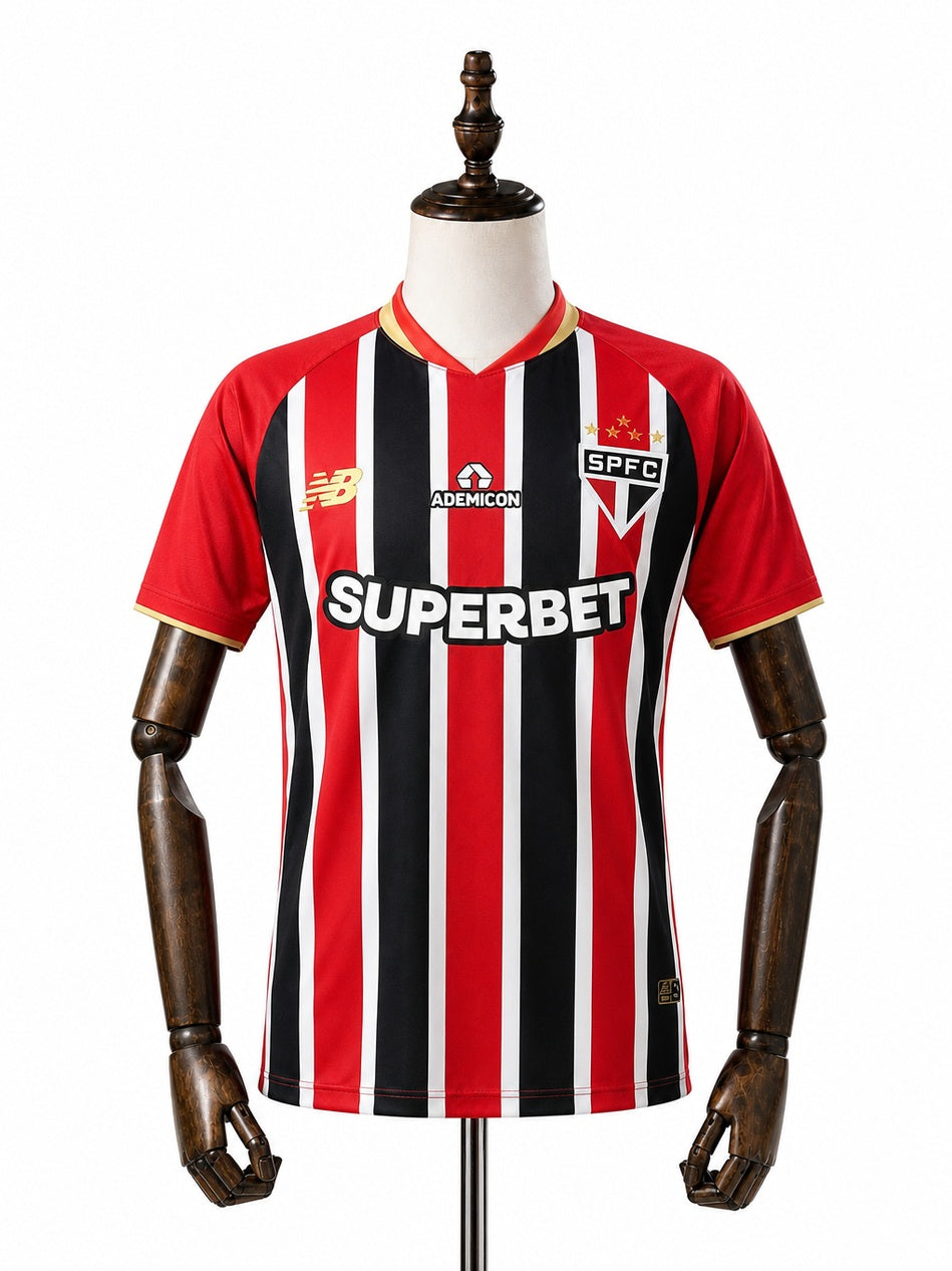 São Paulo away player version jersey front wood mannequin white background
