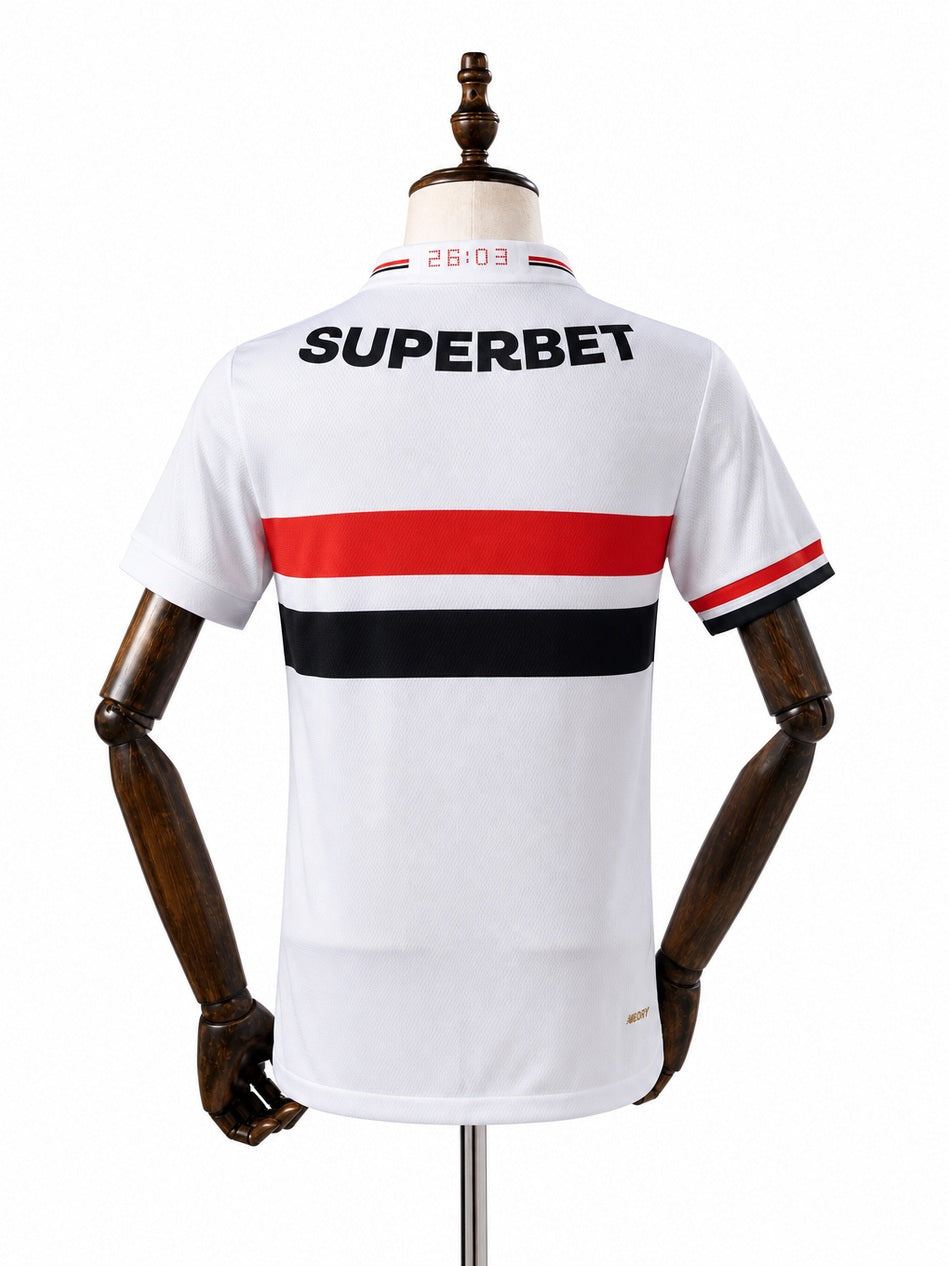 São Paulo home all sponsors Player Version jersey back wood mannequin white background