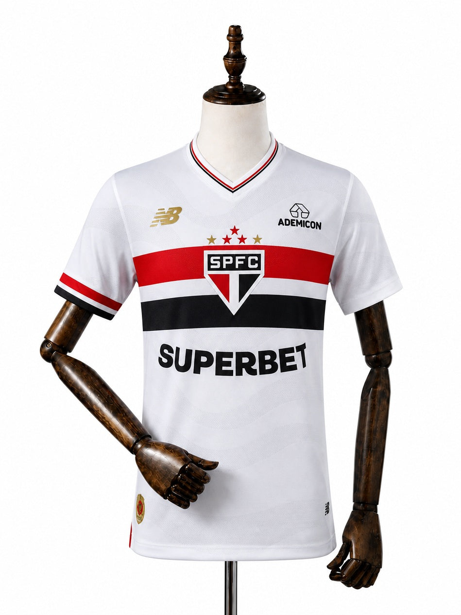 São Paulo home all sponsors Player Version jersey front wood mannequin white background