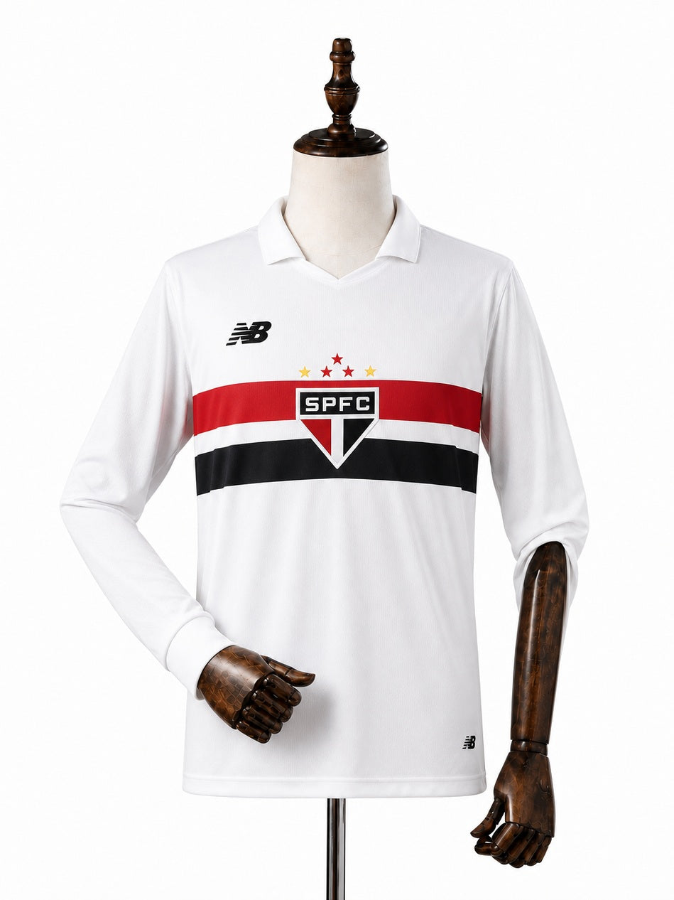 São Paulo Home long sleeve Jersey front wood mannequin white background