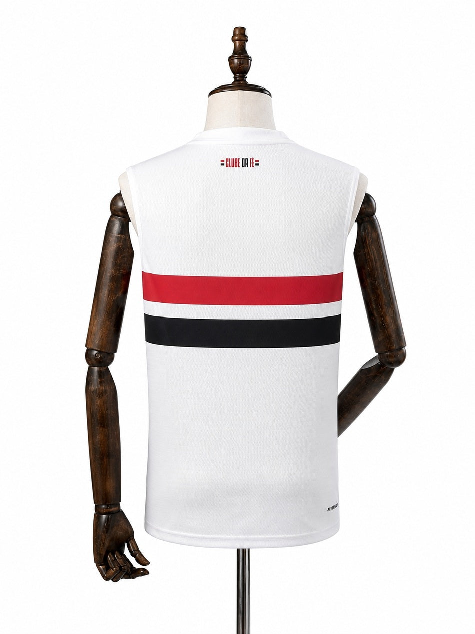 São Paulo Home Vest Sleeveless Football Jersey back wood mannequin white background