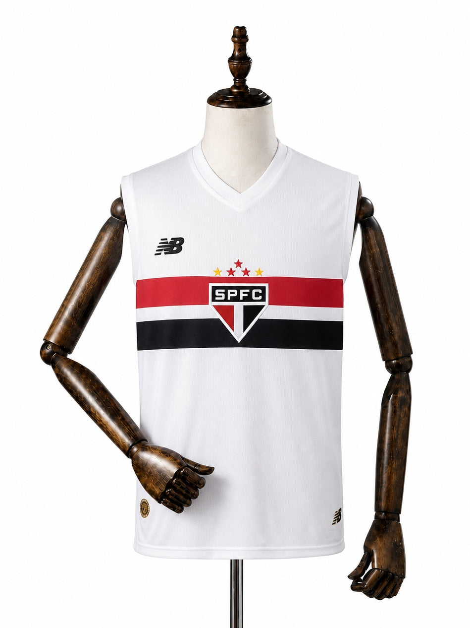 São Paulo Home Vest Sleeveless Football Jersey front wood mannequin white background