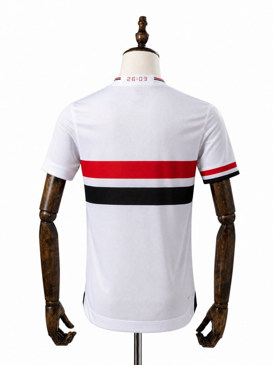 São Paulo Home white Player Jersey back wood mannequin white background