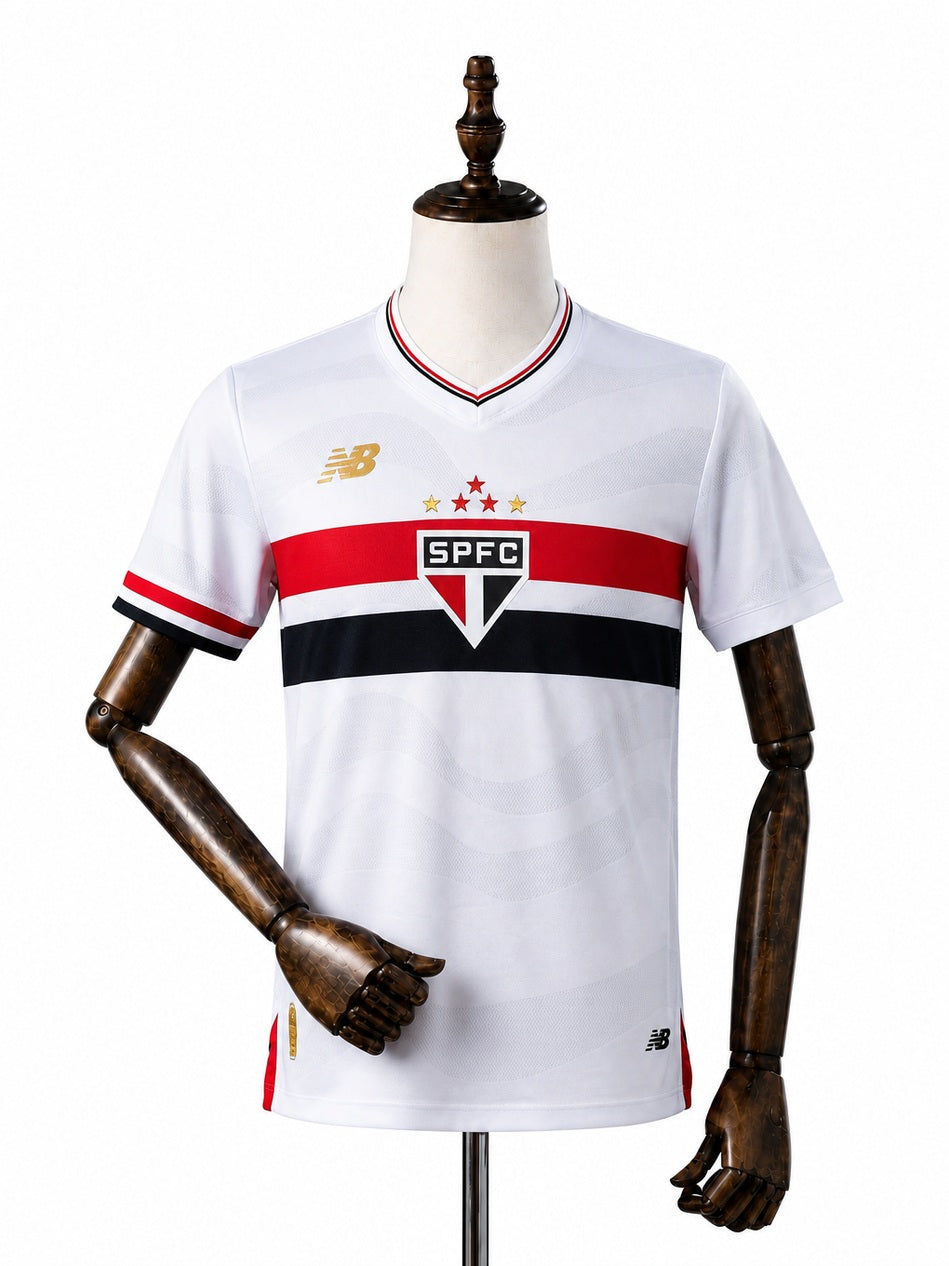 São Paulo Home white Player Jersey front wood mannequin white background