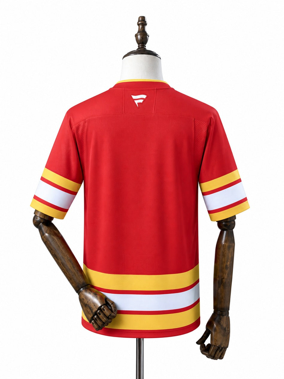 Calgary Flames NHL Jersey – Home & Away verso real web manequim fundo branco