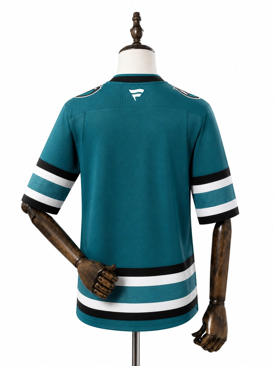 San Jose Sharks NHL Jersey – Home & Away verso real web manequim fundo branco