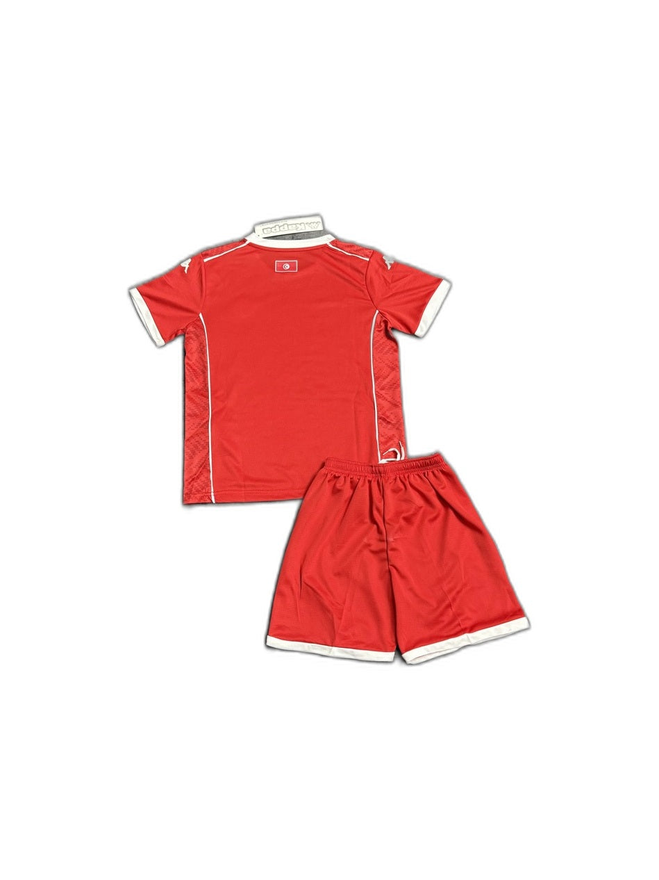 Camisa 2026 Tunisia Home Infantil verso fundo branco