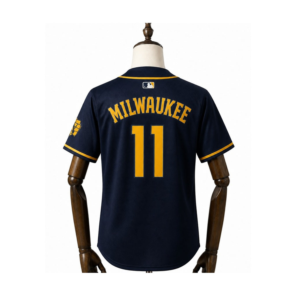 Milwaukee Brewers MLB – Camisa Oficial Segunda (Away) verso manequim fundo branco