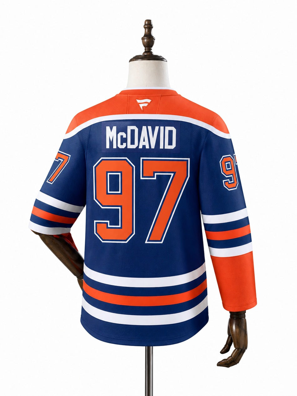 Edmonton Oilers NHL Jersey – Home & Away verso real web manequim fundo branco